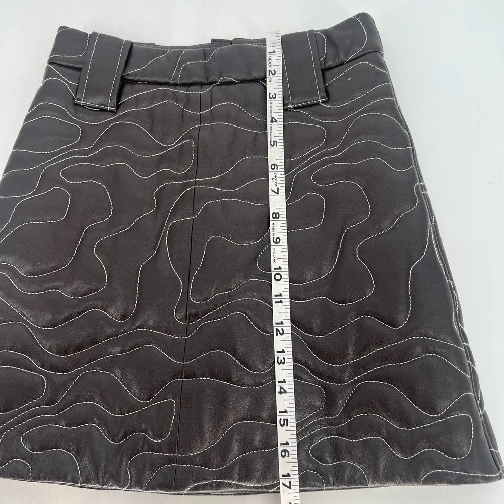 Ganni Mini Skirt Womens 4 / EU36‎ Lamb Leather Brown Neutral Quilted Embroidered